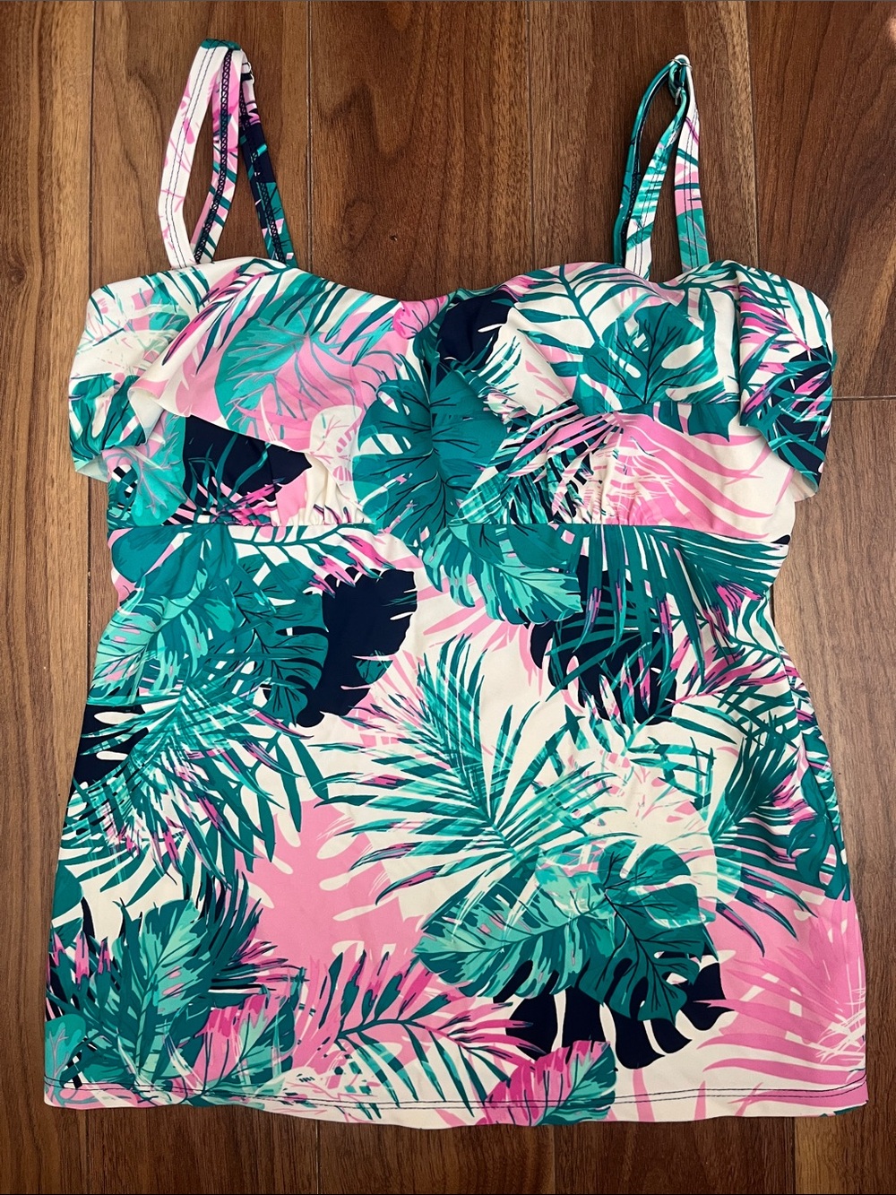 Tropical Leaf Print Tankini Top Pink Teal Size Large Summer Swimwear adjustable